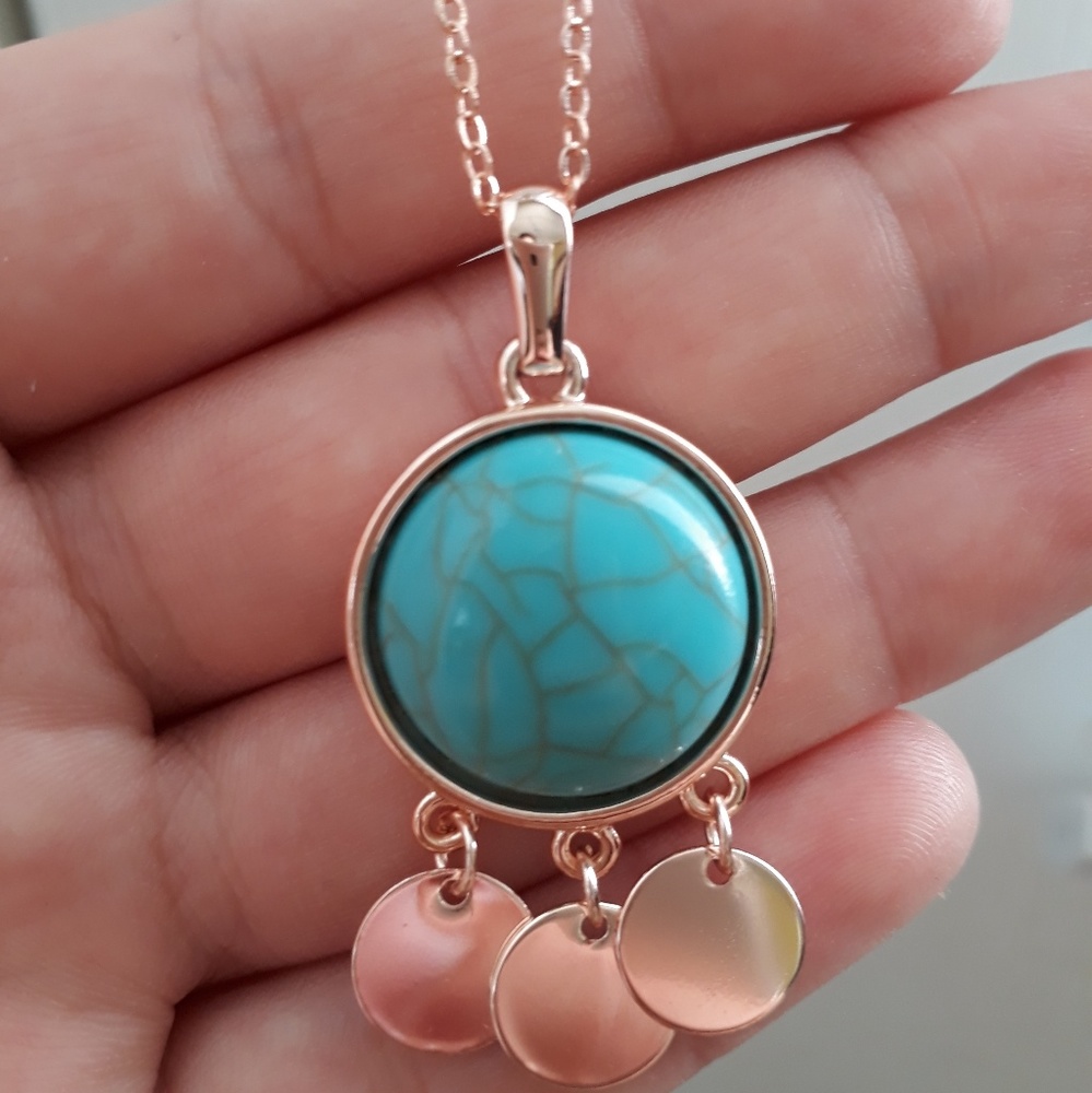 Rose Gold Turquoise Mid Length Charm Necklace